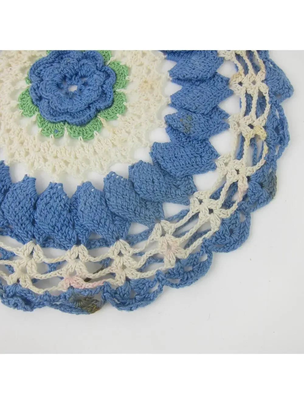 Vintage Rose Hot Plate Doily Blue Flower Cream Green 9.5